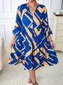 SHEIN Essnce Plus Allover Print Flounce Sleeve Ruffle Hem Dress Without Belt