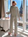 Women's Long Sleeve Ribbed Hooded Top And Pnats Set For Home Wear