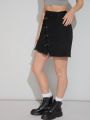 Women's Metal Buckle Asymmetric Raw Hem Denim Skirt