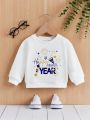 Baby Boys' Casual Long Sleeve Round Neck Sweatshirt With 2024 New Year Pattern, Suitable For Autumn And Winter
