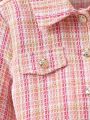 Tween Girl Plaid Print Flap Detail Tweed Jacket & Pleated Skirt & Hat