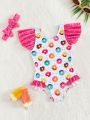 Infant Swimsuit Cute Donut And Ruffle Edge Vacation Beachwear With Hairband Summer