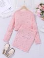 SHEIN Kids FANZEY Tween Girl Ditsy Floral Pattern Button Front Cardigan & Knit Skirt