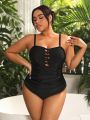 SHEIN Swim Basics Plus Size Solid Color Cross Detail One Piece Swimsuit