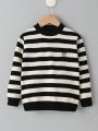 Little Girls' Banana Embroidered Striped Sweater With Round Neckline