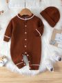 SHEIN Infant Boys' Hooded Sweater Jumpsuit With Drop Shoulder Sleeves