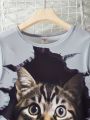 SHEIN Kids QTFun Girls' 3d Cat Printed Short Sleeve T-Shirt