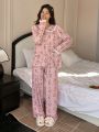 DAZY Ladies Cartoon Rabbit Print Doll Collar Long Sleeve Top Long Pants Pajama Set