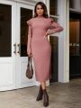 SHEIN Clasi Women's Solid Color Ribbed Long Sleeve Dress With Ruffle Hem