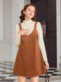 Teen Girls' Ribbed Stand Collar T-Shirt And Corduroy Suspender Skirt Set