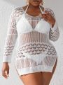 SHEIN Swim BohoFeel Plus Size Women'S Long Sleeve Hollow Out Cover Up