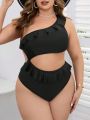 SHEIN Swim Chicsea Ladies' Plus Size One Shoulder Lace Decor Hollow Out Swimsuit