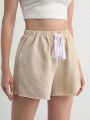 SHEIN Leisure Natrural & Comfy Cotton Elastic Drawstring Lounge Shorts - Khaki