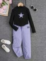 SHEIN Kids HYPEME Big Girls' Cool Knit Five-Pointed Star Print Stand Collar Long Sleeve T-Shirt And Pants Sports Outfit With Patchwork