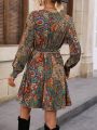 Paisley Print Surplice Neck Belted Dress