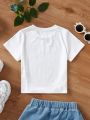 Girls' Cute Cartoon Bear And Slogan Print Short Sleeve T-Shirt Suitable For Summer