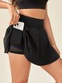 SHEIN Tennis Casual Solid Color Sports Skorts With Mobile Pocket