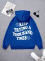 Teen Boys' Casual Cartoon Slogan Print Long Sleeve Hoodie, Suitable For Autumn And Winter