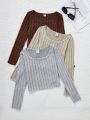 SHEIN Kids EVRYDAY Teenage Girls' Knitted Solid Color Square Neck Slim Fit T-shirt Set With Hollow Out Stripes, 3pcs