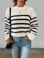 Women's Round Neckline Hollow Out Knitted Striped Sweater