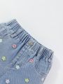 Girls' Casual Cute Dopamine Colored Flower Embroidery Wide-leg Comfortable Light Blue Washed Denim Shorts With Flower