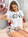 Women'S Heart And Plaid Print Milk Silk Pajamas Set