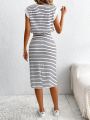 SHEIN LUNE Women'S Striped Round Neck Top And Skirt Two Piece Set