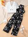 SHEIN Kids SUNSHNE Tween Girl's Casual Short-Sleeved Blazer With Floral Pattern Sleeveless Removable Belt Jumpsuit Set