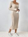 SHEIN Frenchy Ladies' Solid Color Knitted Square Neck Long Dress