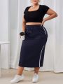 SHEIN Essnce Plus Size Side Striped Flip Pocket Skirt