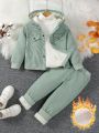 SHEIN Kids Y2Kool New Arrival For Toddler Girls - Velvet Hooded Jacket And Elastic Waist Casual Pants Set With Fleece Lining