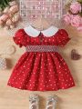 Baby Girl'S Floral Embroidery Doll Collar Love Heart Printed Short Puff Sleeve Bubble Dress