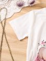 SHEIN Kids QTFun Girls' Short Sleeve T-shirt And Cargo Pants Printed Set, Toddler And Little Kids