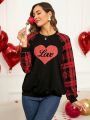 EMERY ROSE Valentine's Day Heart & Checkered Print Raglan Sleeves Casual Sweatshirt