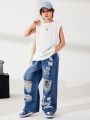 SHEIN Boys' Casual Loose Straight Leg Distressed Denim Jeans