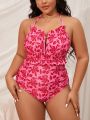 SHEIN Swim Mod Plus Size Women's Floral Print Halter One-Piece Swimsuit