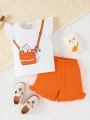 Stylish Baby Girls' Casual Cartoon Cat Print T-Shirt And Shorts Outfit Set