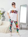 SHEIN Teenage Girls' Knitted Color-Block T-Shirt And Leggings Set With Numbers And Letters Pattern