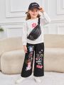 SHEIN Kids HYPEME Young Girl Letter & Cartoon Graphic Pants