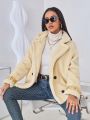 SHEIN Essnce Women's Lapel Collar Long Sleeve Plush Coat With Pointed Hem