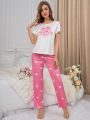 Women'S Letter & Heart Printed Pajama Set