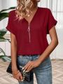 Zipper Half Placket Batwing Short Sleeve Blouse