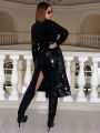 SHEIN ICON Shawl Collar Belted Patent PU Leather Long Coat