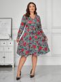 SHEIN Clasi Women's Plus Size Checkered Rose Pattern Dress