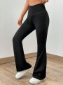 SHEIN EZwear Summer Black Solid Flare Leg Pants Flare Leggings