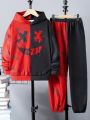 SHEIN Kids HYPEME Boys' Casual Colorblock Face Printed Hoodie And Knitted Pants Set