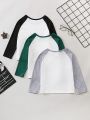 SHEIN Kids EVRYDAY Toddler Boys' Color Block Stylish T-Shirt With Raglan Sleeves, 3pcs/Set Autumn Outfits