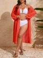 SHEIN Swim Vcay Plus Size Solid Color Lantern Sleeve Waist Cinching Kimono Dress