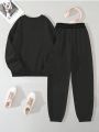 Tween Girls' Casual Heart Patterned Long Sleeve Sweatshirt And Pants Set For Autumn And Winter