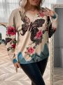 Plus Butterfly & Floral Pattern Drop Shoulder Sweater